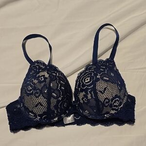 Emily Johnson Navy Blue Lace Plunge Bra with Underwire 34C